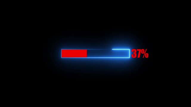 Glowing neon-style loading bar animation isolated on black background, horizontal progress loading, computer monitor display, cyberspace processing, waiting vector technology UI 4K Video