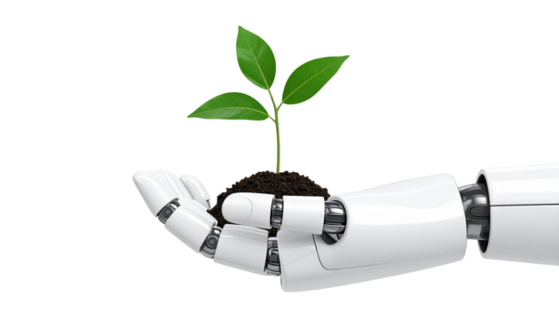 Robotic Hand and Plant Duo – Innovation Meets Nature Isolated on Transparent Background