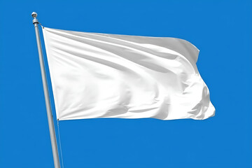 White flag waving in the wind on flagpole, isolated on blue background, closeup
