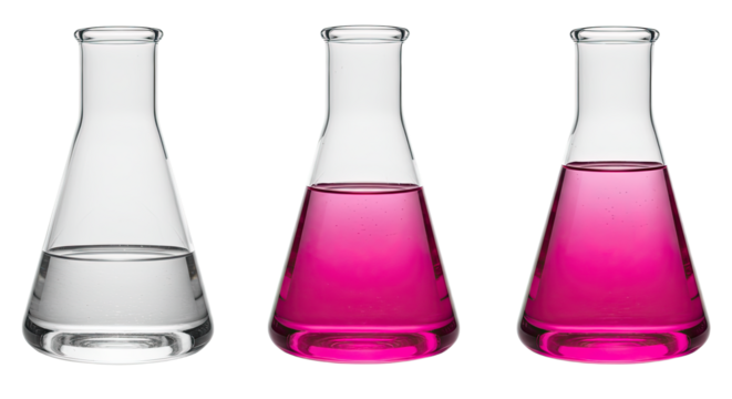 Three laboratory Erlenmeyer flasks with clear and pink liquids on white background, ideal for scientific research or chemistry experiments