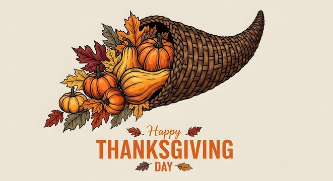 Happy thanksgiving day illustration with a cornucopia overflowing with pumpkins, gourds, and autumn leaves, celebrating the harvest season and gratitude