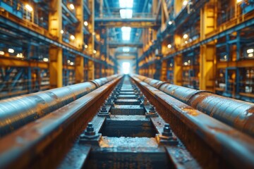 Obraz premium View of railroad tracks inside an industrial warehouse under bright overhead lights and vivid colors