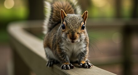 Close up portrait of a squirrel perched on a wooden beam in a natural setting