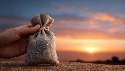 A hand gently holds a small, burlap pouch adorned with a subtle embroidered leaf design against a vibrant sunset over a calm ocean