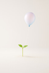 Seedling with Pastel Balloon over White Sand — Growth & Hope Concept