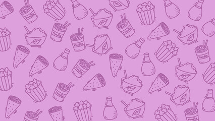 Playful seamless pattern featuring hand-drawn fast food items such as fries, burgers, tacos, and drinks on a purple background. Fun and modern design ideal for packaging, textiles, or wallpapers.