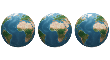Three realistic Earth globes showing continents and oceans with clouds, perfect for geography, environment, and education projects