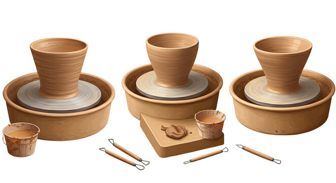 Three pottery wheels with clay pots in progress and sculpting tools on white background, perfect for art studios and pottery classes