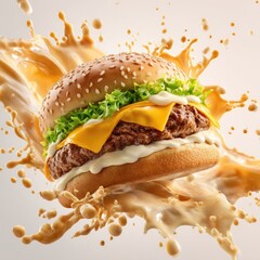 A juicy hamburger, layered with cheese, lettuce, and creamy sauce, is dynamically captured mid-air amidst a vibrant splash of sauce, showcasing its appetizing texture and fresh ingredients