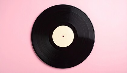 Fototapeta premium Single Black Vinyl Record With Light Yellow Label Centered On A Pastel Pink Background