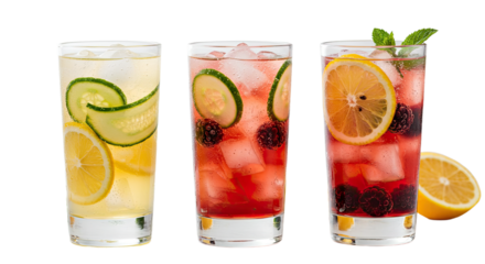 Three refreshing summer drinks with lemon, cucumber, mint, and berries in tall glasses with ice, perfect for warm weather and casual gatherings