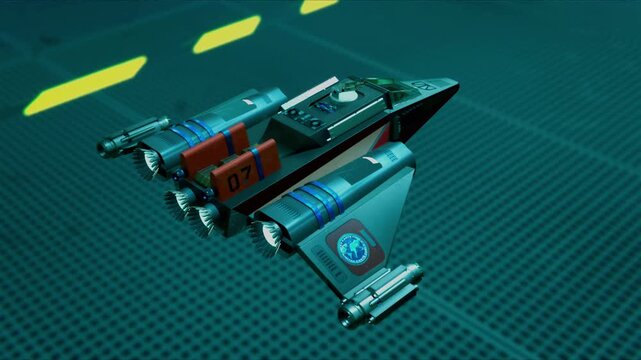 Em uma caverna oculta por uma cachoeira um ca&ccedil;a futurista faz o pr&eacute;-voo e uma decolagem vertical. Modelo conceitual 3D.