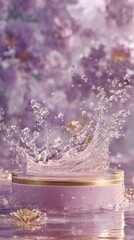 A lavender-hued liquid splashes dramatically onto a cylindrical container, resting on a reflective surface amidst a blurred backdrop of purple blossoms.  The scene is soft, ethereal, and luxurious