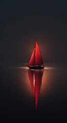 A lone sailboat with a vibrant red sail glides across a dark, still body of water at night, its reflection mirrored perfectly on the glassy surface under a dim, hazy sky