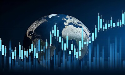 Global financial market data visualization with a digital world map and candlestick charts showing economic trends and investment performance - Powered by Adobe