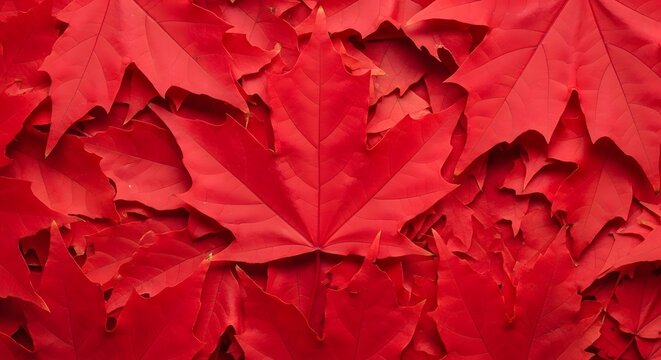 A vibrant, closeup, topdown view of a dense collection of bright red maple leaves, creating a rich, textured background
