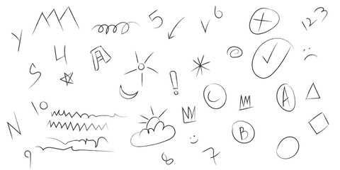 Hand-Drawn Sketch Doodle Symbols Mega-Set: Collection of Letters, Numbers, Shapes, Abstract Lines, Checkmarks, Crosses, Weather Icons, and Annotation Marks for Casual Graphic Design