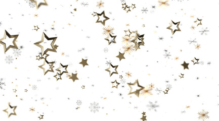 Sparkling gold stars and snowflakes on white. Festive, winter, holiday background.