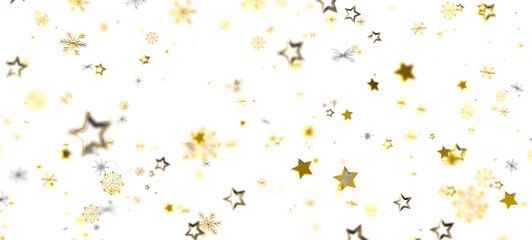 Shimmering gold stars and delicate snowflakes float against a pristine white backdrop. This elegant design evokes feelings of celebration, joy,