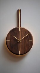 A minimalist circular wall clock crafted from dark wood, featuring a subtle backlit edge and slender gold hands and accents.  The clock hangs from a vertical wooden element
