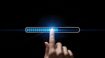 Digital progress bar illuminated by a finger touch on a dark backdrop representing loading or advancement