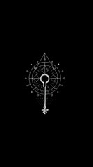 A minimalist silver key-like symbol, encircled by geometric shapes and lines, set against a black background, evokes esoteric or occult themes