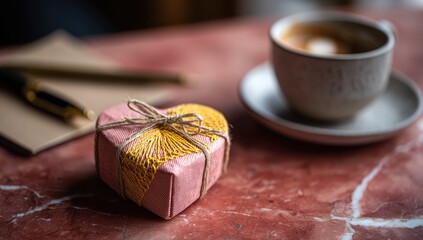 A pink heart-shaped gift, wrapped in twine, sits on a marble table next to a cup of coffee and stationery. Soft, warm lighting creates a romantic ambiance