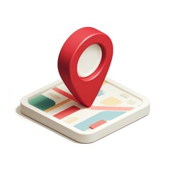 A red 3D location pin sits atop a simplified, isometric map, showcasing a stylized representation of streets and blocks on a cream-colored square base