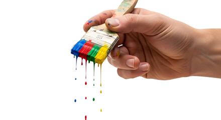 Hand Holding Paintbrush Dripping Primary Colors on White Background
