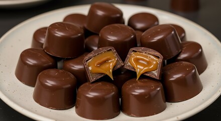 Obraz premium Close up of chocolate candies on a white plate with caramel filling