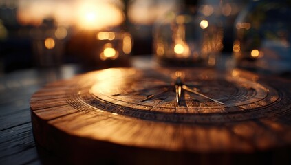 A rustic wooden clock sits on a table at sunset, bathed in warm light;  blurred candles and a bokeh-filled background suggest a romantic, outdoor setting