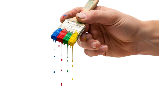 Hand Holding Paintbrush Dripping Primary Colors on White Background