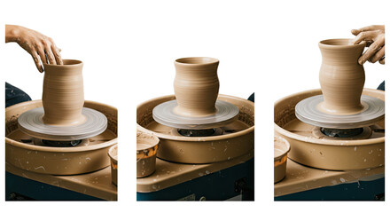 Three-step sequence of hands shaping a clay pot on a pottery wheel, showcasing the artistic process of ceramic crafting, perfect for art and craft projects