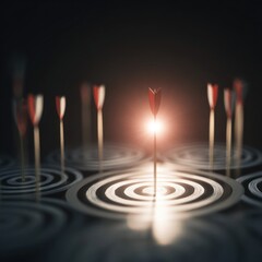 A single, centrally-placed arrow hits the bullseye of a dartboard, surrounded by other arrows that miss, illuminated by a warm light against a dark background