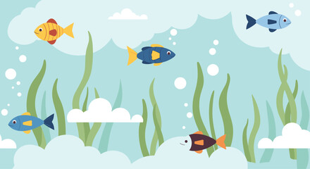 Fototapeta premium A whimsical underwater scene with colorful fish swimming amongst seaweed and clouds.