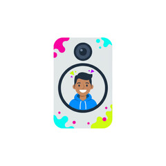 Cartoon illustration of young boy smiling in camera frame design  