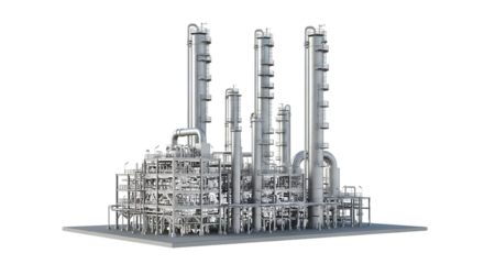 Detailed 3 D model of a complex industrial refinery with distillation towers and extensive piping isolated on a transparent background
