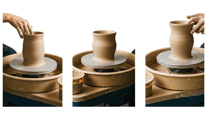 Three-step sequence of hands shaping a clay pot on a pottery wheel, showcasing the artistic process of ceramic crafting, perfect for art and craft projects