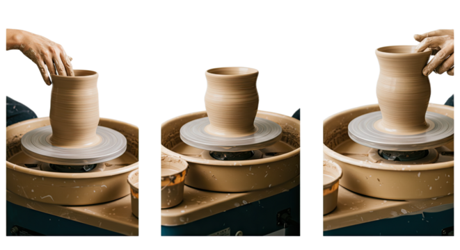 Three-step sequence of hands shaping a clay pot on a pottery wheel, showcasing the artistic process of ceramic crafting, perfect for art and craft projects
