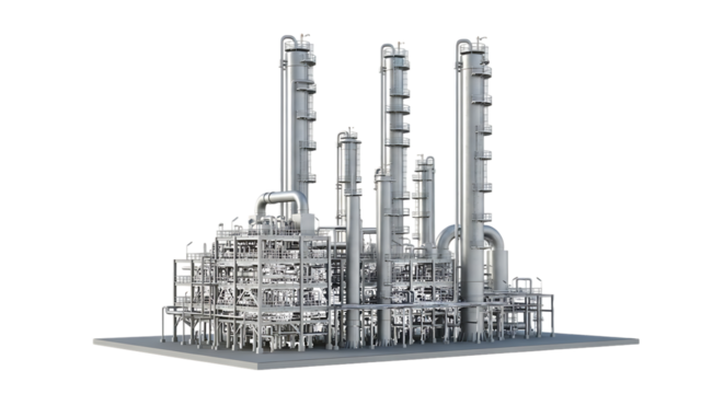 Detailed 3 D model of a complex industrial refinery with distillation towers and extensive piping isolated on a transparent background