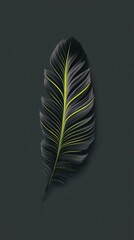 A single, stylized leaf, dark grey with vibrant lime-green central vein and parallel lines, is presented against a dark grey background; minimal, elegant aesthetic