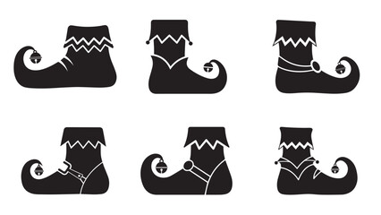 Elf shoe silhouette with upturned toe, bell circle, and zigzag cuff, playful black north pole costume detail for holiday crafts and kids party decor