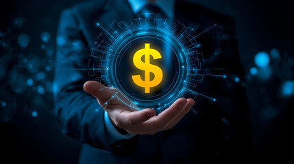 A businessman holds a digital dollar sign symbol, symbolizing digital finance, cryptocurrency, or virtual banking, surrounded by a futuristic blue network and dark background with blue light effects.