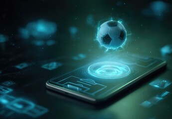 A soccer ball hovers above a smartphone displaying a digital soccer field, surrounded by glowing teal data points, suggesting a mobile sports app or online gaming interface