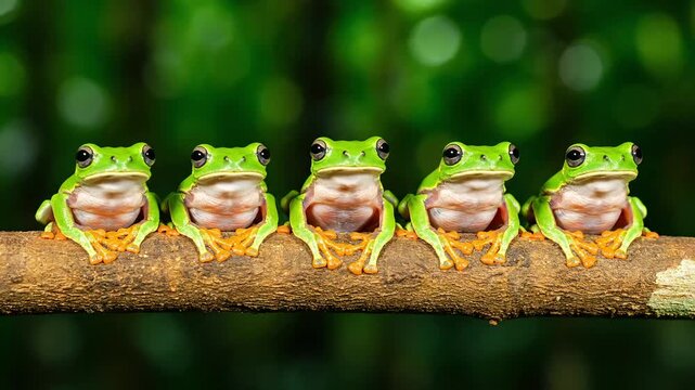 Five green tree frogs sitting in a row on a branch against a blurred green background in a close up view