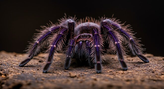 Close up view of a vibrant purple tarantula on a textured surface