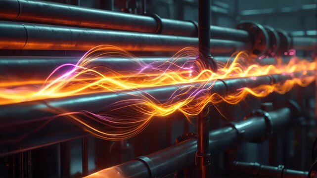 Futuristic visualization of energy flow in industrial metal pipes with bright orange and blue light effects and waves of power. Concept of data transmission or industrial energy - Powered by Adobe
