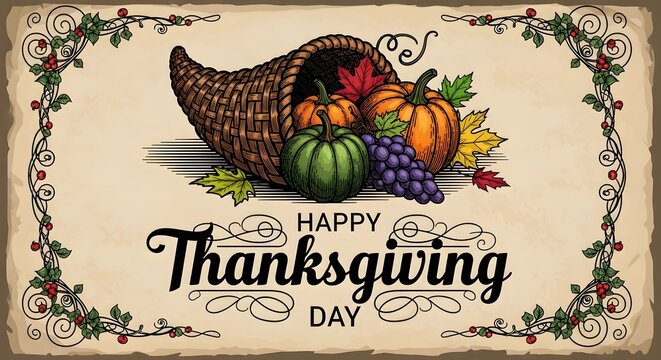 Happy thanksgiving day greeting with a cornucopia filled with autumn harvest fruits and vegetables, surrounded by a decorative border of leaves and berries