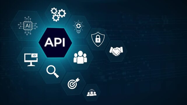 API Application Programming Interface Concept. A programmer types on a laptop, interacting with digital icons representing API development, security. 3D dark blue background 4k animation