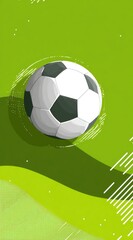 A stylized soccer ball floats above a vibrant green field, rendered in a cartoonish style with motion lines suggesting movement and a subtle shadow